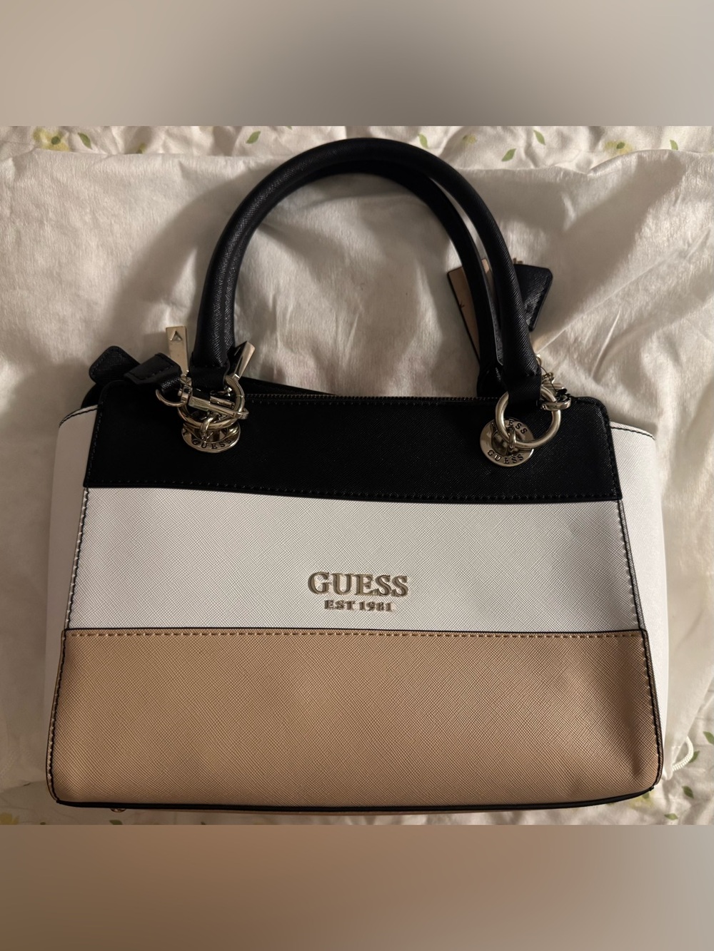 GUESS Colorblock Satchel - Black, White & Tan BNWT